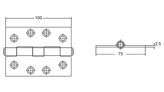 Butt Hinge 100X75X2.5mm 304 Grd S/Stl Fix Pin Sinter Lube